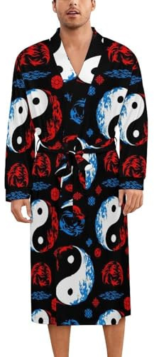 JZDACH Men’s Long Sleeve Nightgown Lightweight Bathrobe Full Length with Belt Pajamas Tai Chi Water Fire Yin Yang Black, Medium