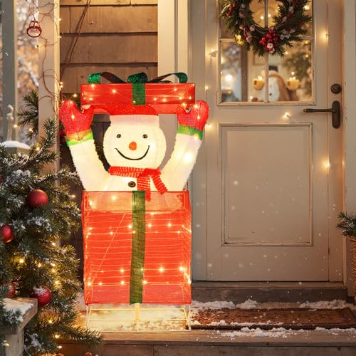 COSTWAY LED Schneemann in Geschenkbox, 115 cm beleuchtete Weihnachtsdeko mit 100 warmweißen LED-Lichtern, Weihnachtsfigur Outdoor XXL, Weihnachtsbeleuchtung für innen & außen
