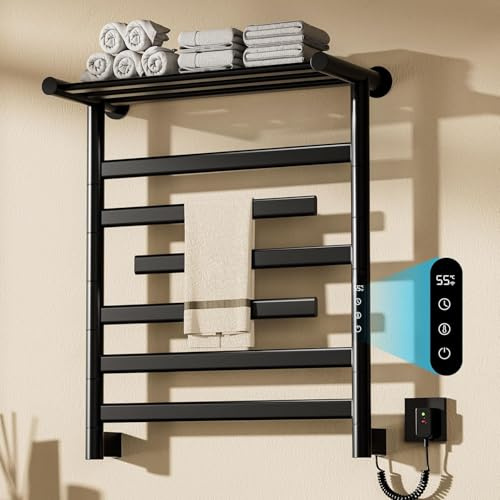 Scaldasalviette Elettrico Bagno Nero, Portasciugamani Elettrico con Barre Girevoli 180°, 66x55cm 350W Scaldasalviette Elettrico con Ripiano, Temperatura Regolabile 30-70℃, Temporizzazione 0-9 ore