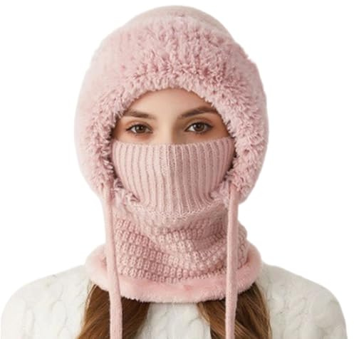 Erconsso mössa hatt för kvinnor, kvinnor stickad mössa med halsduk och ansiktsskydd utomhus vindtät andas för backpacking klättring skidåkning cykling pendling camping, Rosa, M