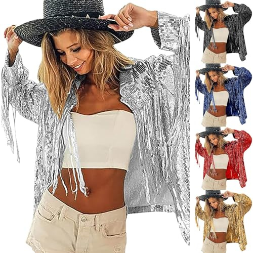 Pailletten Jacke Damen Glitzer Fransenjacke Pailletten bomberjacke Discojacke Disco-Thema Country Konzert Rave Festival Outfits für Damen Reißverschluss Fliegenjacke Bikerjacke 90er Jahre Streetwear