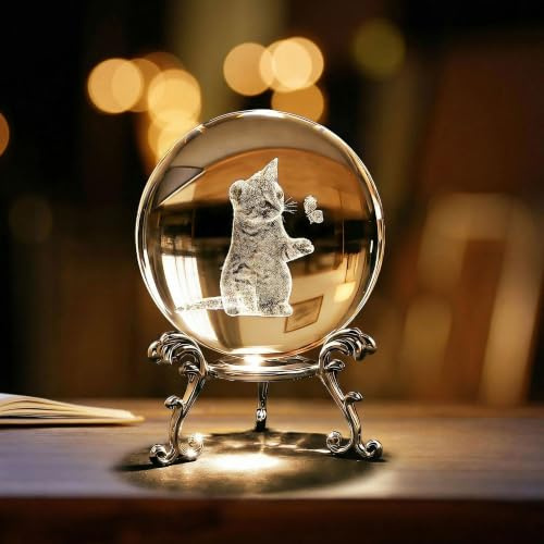 ZEERSHEE 60mm 3D Cat Crystal Ball with Stand Cat Lover Paperweights Cats Collectibles Themed Gift for Women Kids