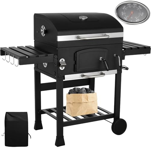 LIFERUN Träkolgrill med lock XXL, grillvagn av träkol med vattentätt lock, hjul, grillgaller, termometer och hopfällbara hyllor, BBQ smoker, stor kolgrillvagn för camping, trädgård