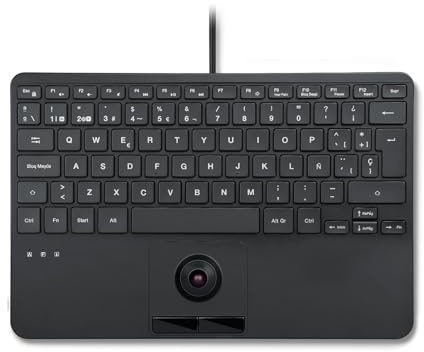 Perixx PERIBOARD-427 ES: Teclado USB con Cable- Trackball Integrado,- Retroiluminación Blanca/roja, diseño Compacto- 2 Puertos USB y Layout QWERTY Español