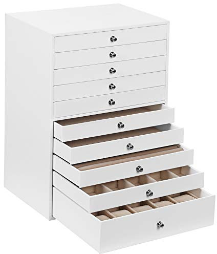 SONGMICS Schmuckkästchen, 10 Ebenen, Schmuckkasten mit Schubladen, Schmuckaufbewahrung geräumig, Schmuckschatulle modern, Geschenkidee, wolkenweiß JBC10W, Weiß