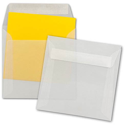 100 Briefumschläge in Transparent - quadratisches Format 16 x 16 cm - 92 Gramm/m² - Haftklebung - ohne Fenster