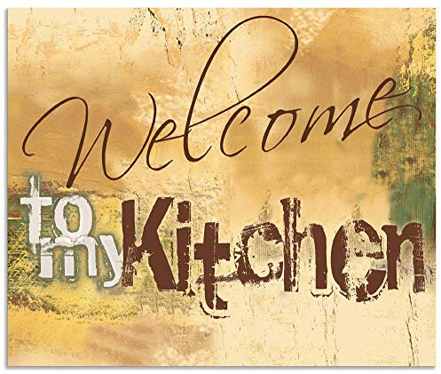 ARTland Spritzschutz Küchenrückwand aus Alu für Küche Herd Spüle 60x50 cm (BxH) mit Motiv Spruch Shabby Landhaus Kunst Willkommen Ocker H6ZJ
