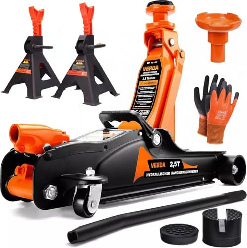 Profi Hydraulischer Wagenheber 2,5T (85-365mm) + 2X Unterstellbock 3T + 2X Gummi + Arbeitshandschuhe Set Auto Heber Rangierwagenheber PKW Heber Wohnmobil, Geländewagen, Ständer, Flache MF77107/1