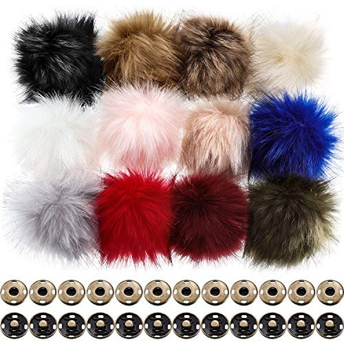 12 Stück Pelzbommeln für Strickmützen, Kunstfell-Bälle für Hüte, Kunstfell, flauschiger Pompon-Ball mit abnehmbarem Druckknopf für abnehmbare Strickmützen, Kleidungszubehör ()