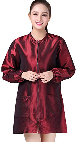 Professionell salong smock stylistjacka kosmetologi uniform dragkedja frisör kappa frisör arbetskläder hår skönhet spa gästkund kimono klänning (M, vinröd)