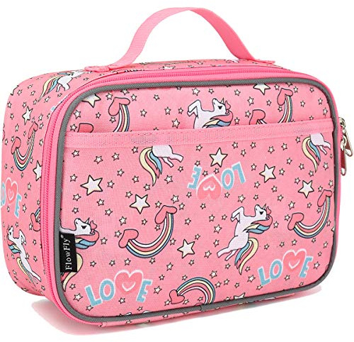 FlowFly Kids Lunch box Insulated Soft Bag Mini Cooler Back to School Thermal Meal Tote Kit for Girls, Boys, Unicorn
