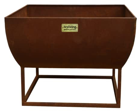 Ivyline Windermere Curved Metal Firebowl in Rust with Stand - UV Stable & Frost Proof Decorative Contemporary Stylish Outdoor Firepit - H36cm x W50cm