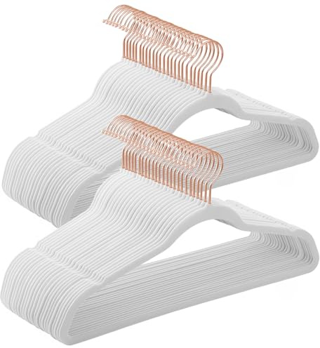 SONGMICS Slim Velvet Hangers, Non-Slip Clothes Hangers with Rose Gold Swivel Hooks, Space-Saving, for Closet, 50 Pack, White UCRF026W03