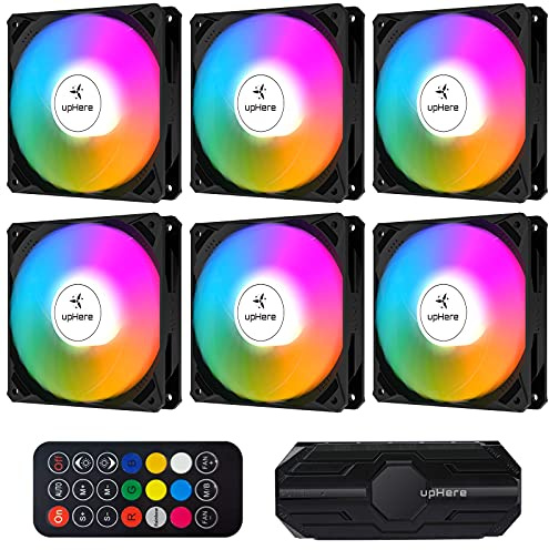 upHere 120mm Black Computer Case Fan,Motherboard Sync Fan,High Airflow,Speed Adjustable, ARGB Fan with Hub and Remote,Low Noise Hydraulic Bearing Long Life Up to 40,000 Hours-6 Pack,NK1206-6