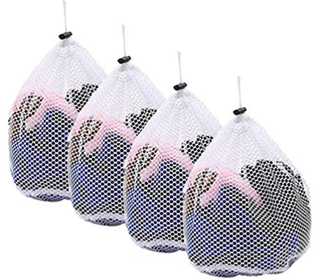 Booding 4 Stück Wäschenetze Wäschebeutel Waschmaschine mit Kordelstopper Wiederverwendbare Groß Netzbeutel für Wäsche/Schutz/Waschnetz,Waeschesack für Babywäsche/Unterwäsche/Socken Grobes Loch M*4