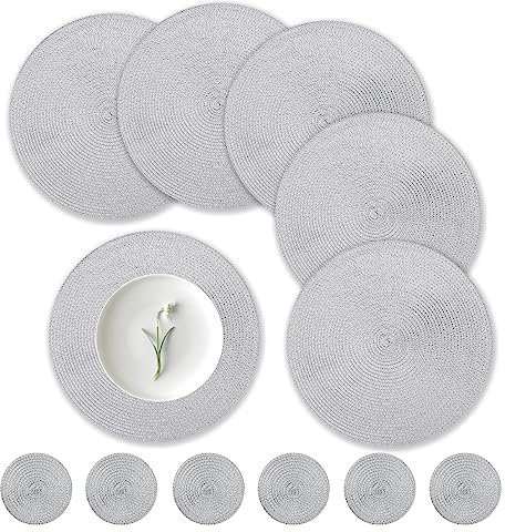 wiipara 6er Set Runde Tischsets Platzsets Abwaschbar, 34cm Gewebte Platzdeckchen Hitzebeständig mit Untersetzer, Tischset Platzset Grau Rund für Küche, Weihnachten, Party, Hochzeit (Grau)