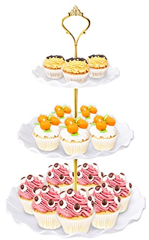 BACUTHY 3 Tier Cupcake Stand Holder, Plastic Cup Cake Stand Towel with Tiered Serving Tray for Cupcakes, Donuts, Fruits and More, White (White)