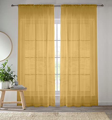 Enhanced Living Gold Voile Curtains for Living Room Panel Pair - 57 Wide x 48 Drop - Plain Woven Slot Top Sheer Curtains (57x48) 145x122cm