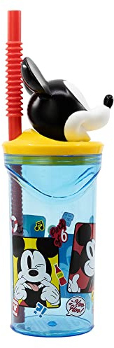 Stor Vaso de plástico infantil Disney Mickey Mouse 3D, 360 ml, sin BPA, con cabeza de ratón 3D y pajita integrada, reutilizable y fácil de lavar