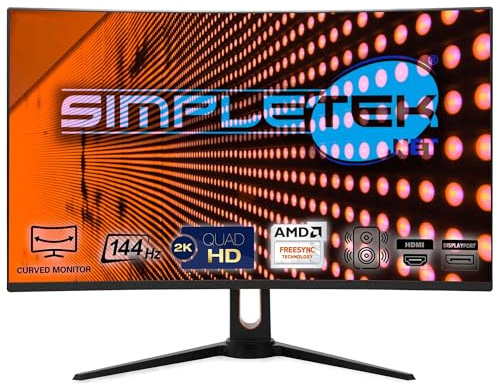 SIMPLETEK - Monitor curvo da 32 QHD 2K 16:9 144Hz R1800 | 3x HDMI DP | Altoparlanti incorporati - Sincronizzazione adattiva | Con Base