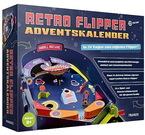 FRANZIS 67210 - Retro Flipper Adventskalender, In 24 Tagen zum eigenen, voll funktionsfähigen Flipper-Automaten, plastikfrei, für Kinder ab 8 Jahren