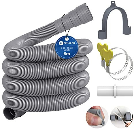REKALRO Manguera de lavadora 6m, manguera de aguas residuales con conector de manguera de desagüe y 2 abrazaderas de manguera, extensión de manguera de desagüe de Ø 20 mm para lavadora lavavajillas