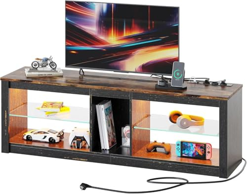 Bestier Moderno Mueble para TV de 140 cm, para TV con Estante de Cristal, Iluminación LED RGB para Televisores de 65 Pulgadas, para TV con Luces Ambientales para Sala de Estar y Dormitorio
