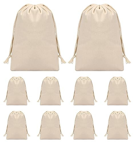 Daelesr 10 Stück Baumwollbeutel mit Kordelzug, BaumwollTaschen 20x30cm, Stoffbeutel Leinen Zum Bemalen, Stoffsäckchen mit Zugband für Brot Obst Gemüse Socken Kosmetik DIY Beige
