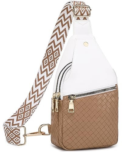 Suweir Sling Bag Damen Brusttasche Klein Crossbody Bag Stylisch Umhängetasche Bauchtasche PU Leder Schultertasche Leichte Rucksack für Outdoorsport, Reisen, Einkaufen, Frauen (Weiß Braun)