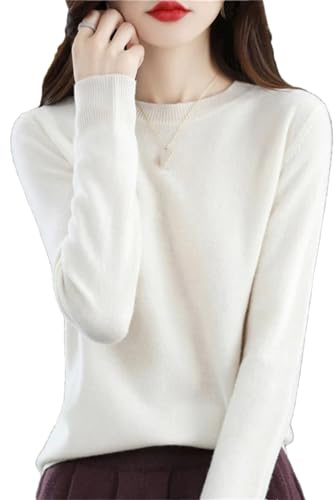 Herbst Winter 100% Merinowolle Pullover Damen Strick Kaschmir Pullover Basic V-Ausschnitt schick warme Oberteile, weiß, L
