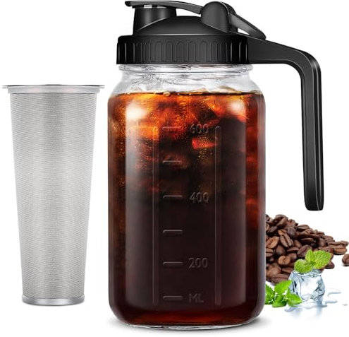 NICEMHAPU Cold Brew Coffee Maker Pitcher, Mason Jar Pitcher with Pour Spout Lid and Stainless Steel Filter, 1 Quart (32 Oz / 1 Liter) Glass Water Pitcher for Coffee, Breastmilk, Sun Tea, Iced Tea