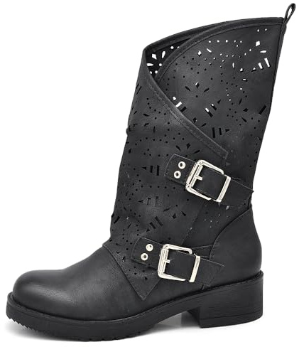 IF Fashion Scarpe da Donna Stivali Stivaletti Biker Forati Fibbie Anfibi Polpaccio Largo WZ688-66 Nero 37