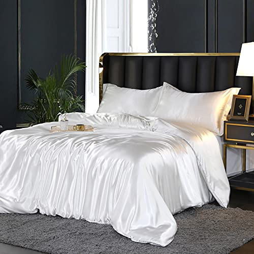 AShanlan Satin Bettwäsche 140x200 Weiß Glänzend Bettwäsche-Sets Glatt Angenehm Glanzsatin Seiden Bettbezug 140 x 200 + Kissenbezug 70x90 cm mit Reißverschluss