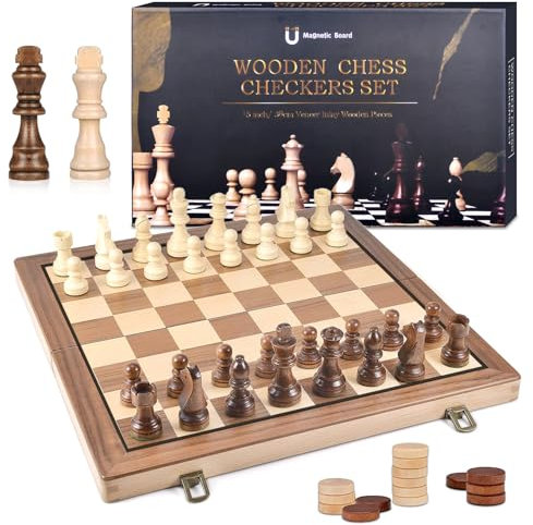 DYDHRER Schachspiel, 2 in 1 Schachbrett Holz Hochwertig, Tragbare Schachbrett, Chess Board Klappbar, Reiseschach, Schachspiel Kinder, Magnetisch Set für Party Familie Aktivitäten-39x39cm