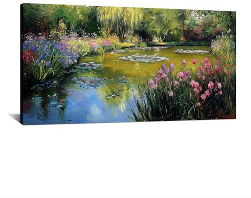 HNKDKJ Claude Monet Bild auf Leinwand großformatig gerahmt für Büro Wandkunst Dekoration Seerosen klassische Kunstdrucke 40x80cm/16x31 Zoll–Innenrahmen