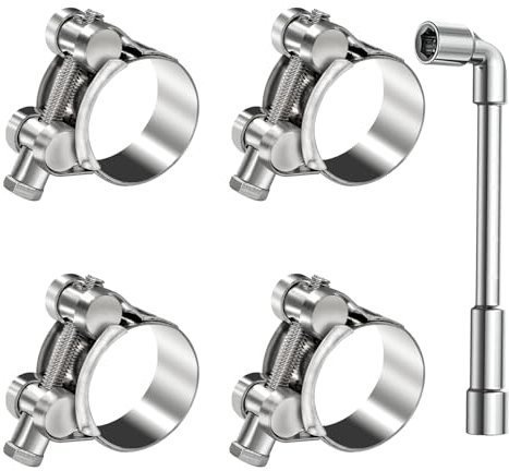 smseace 4Pcs Hose Clamps 26-28mm T bolt Hose Clamps 304 Stainless Steel T-bolt Clamp 6-sizes Heavy Duty T-bolt Hose Clamps with M8 Socket Wrenches Pipe Tube Clamps