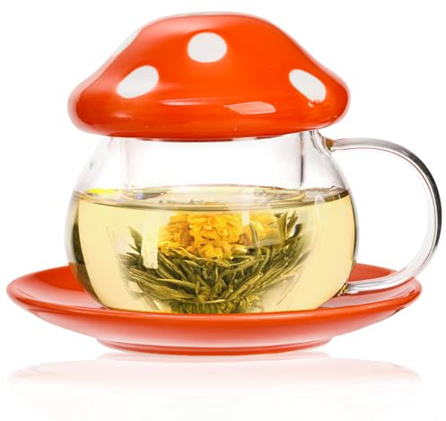 Acshio Taza de té de hongos, bonita taza de hongo con infusor de té, taza de café de vidrio kawaii resistente al calor con posavasos de cerámica, perfecta para regalo de cumpleaños del día de la