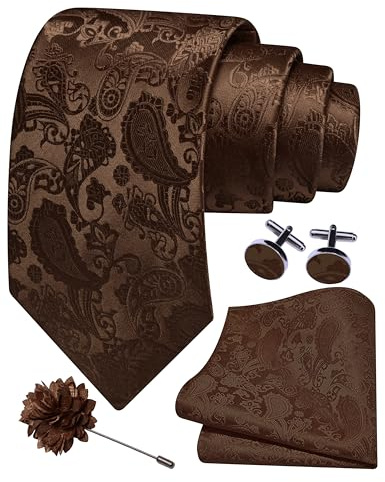 Gusleson Mens Dark Brown Tie and Lapel Pin Silk Paisley Coffee Necktie Hankerchief Cufflinks Set for Wedding (UK6105-12)