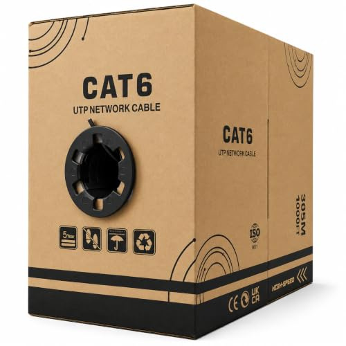 JUSTOP Carrete de cable CAT6 de 305 m AWG23 Ethernet LAN UTP Roll Bulk CAT 6 CCA, cubierta de polietileno de grado externo para interiores y exteriores, cable de red de 1000 pies (negro)