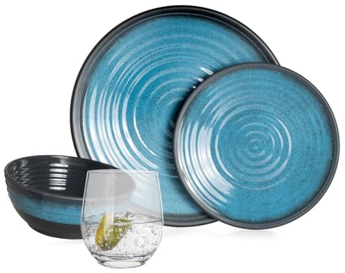 Melamin campingservis set 4 personer Stone Blue 4 tiamo-glas vattenglas porslin picknick BBQ köksredskap
