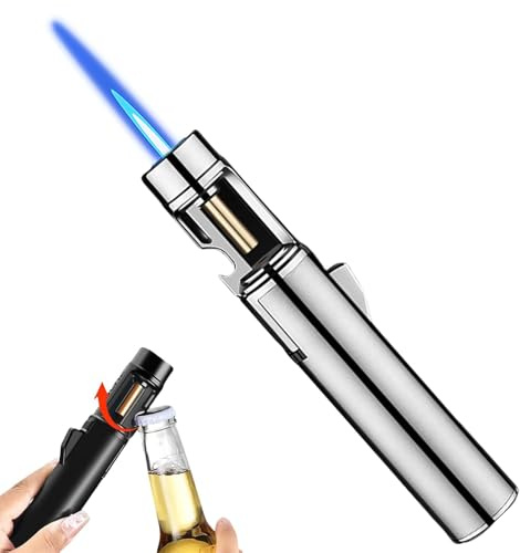 Airbrush Windproof Lighter, 2 in 1 Jetflamme Feuerzeug, Winddicht Langes Stabfeuerzeug mit Flaschenöffner, Einstellbare Flamme Gas Nachfüllbar Sturmfeuerzeug für Küche, Grill (Ohne Gas) (Silber)