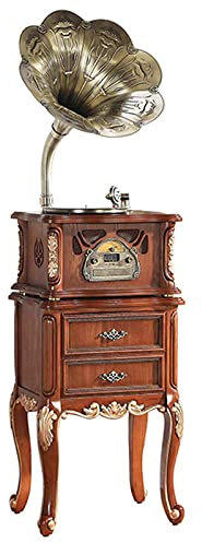 JFNHUTL Gramophone, Tourne-Disque Vinyle, Lecteur Vinyle Bluetooth, avec télécommande, Radio FM, phonographe en Bois Vintage avec pavillon en cuivre pour décoration de Bureau/mai