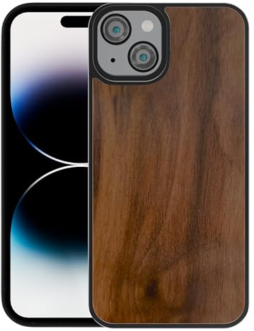 FEJUC Coque compatible avec Apple iPhone 15, bois véritable naturel et pare-chocs en TPU, coque hybride durable et résistante aux chocs, coque de protection en bois pour iPhone 15 (noyer)