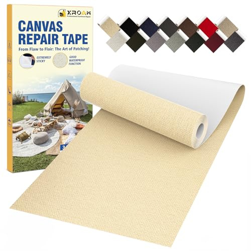 Xroam Canvas Repair Tape, 8 x 160 cm Waterproof Fabric Tape for Furniture, Self Adhesive Canvas Patches for Boat Covers, Sofas, Tents, Louge Chairs, Canopy, Awning Beige Yellow