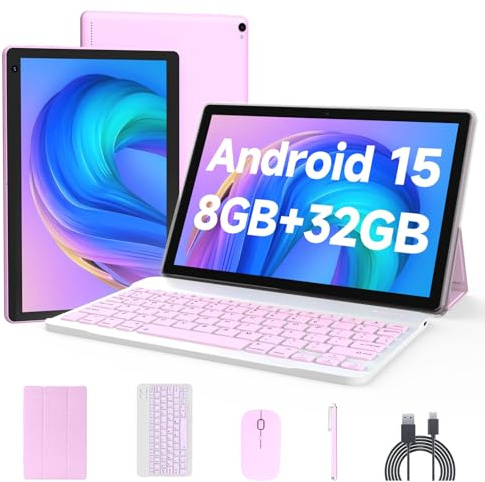 10 inch Android 15 Tablet, 2 in 1 Tablets with Keyboard Case and Stylus Pen, 8GB RAM 32GB ROM 1TB Expansion Quad Core Processor Tablet WiFi BT HD Display