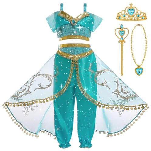 BSBUY Disfraz de Princesa Jazmín para Niña, Vestir Jasmine, Cetro y Corona, Disfraz Niña Halloween Cosplay Cumpleaños Carnaval Fiestas Danza del Vientre, 110cm