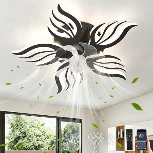 GWYAJTU Schlafzimmer Deckenventilator Licht Mit Fernbedienung APP,LED Dimmbar Lampe Mit Ventilator Mit Memory Funktion,6 Gang Reversibel Blume Ventilator Mit Licht Mit Timer Für Wohnzimmer, Schwarz
