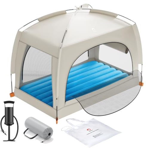 QPAU Inflatable Kids Air Mattress with Tent, Portable Design, Ages 3+ | Blow Up Design for Indoor and Outdoor Use at Home, Family Visits, Camping and Travel and Hotel Stays, Blue
