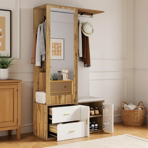 Vidacharmy Flurgarderoben Set, Stylishe Kompaktgarderobe, Möbel, Garderoben mit Spiegel für Ihren Eingangsbereich, Schuhschrank, Wandgarderobe mit Haken und Kleiderstange, 100 x38 x180 cm,Weiß