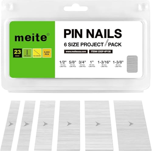 meite Clavos Pin 23GA Sin Cabeza 12-35 mm, 6.000 Unidades, Juego 6 en 1 de Clavos Galvanizados Calibre 23, Clavos para Pistola de Pines, Carpintería, Molduras y Marcos
